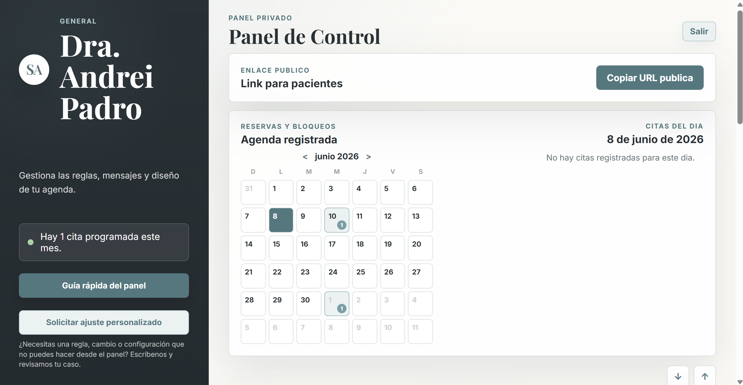 Vista del panel privado del doctor en Set-Agenda