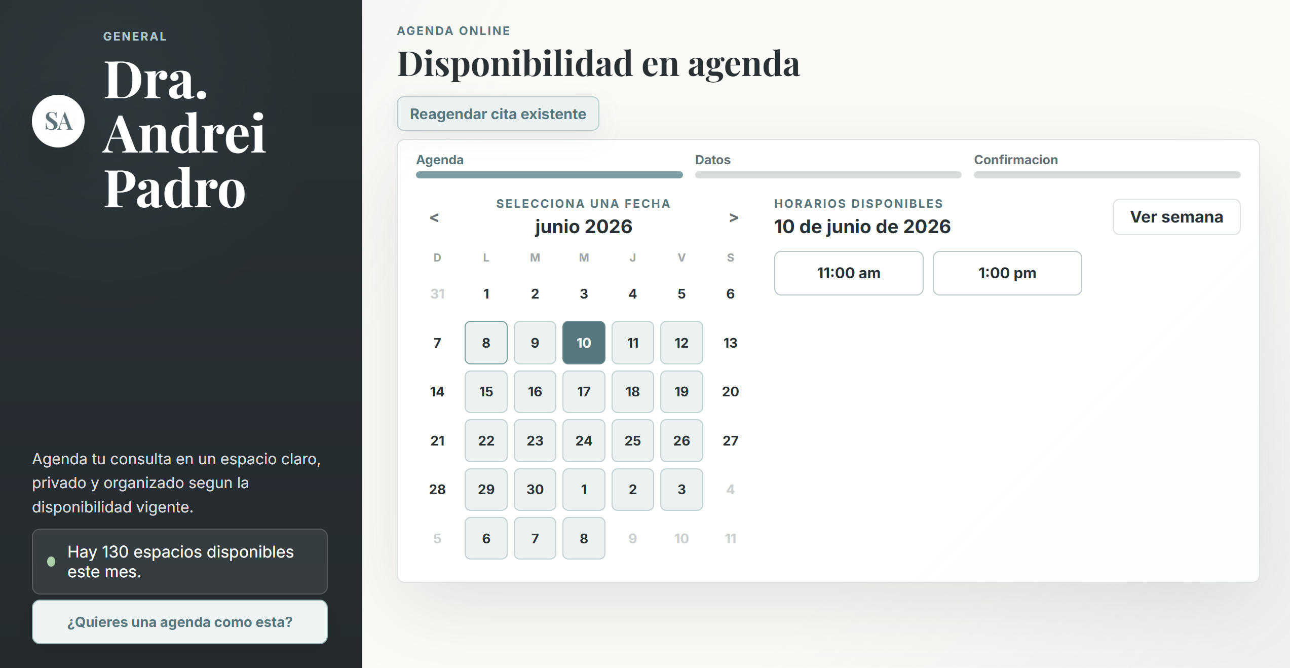 Vista de disponibilidad y reserva para pacientes en Set-Agenda