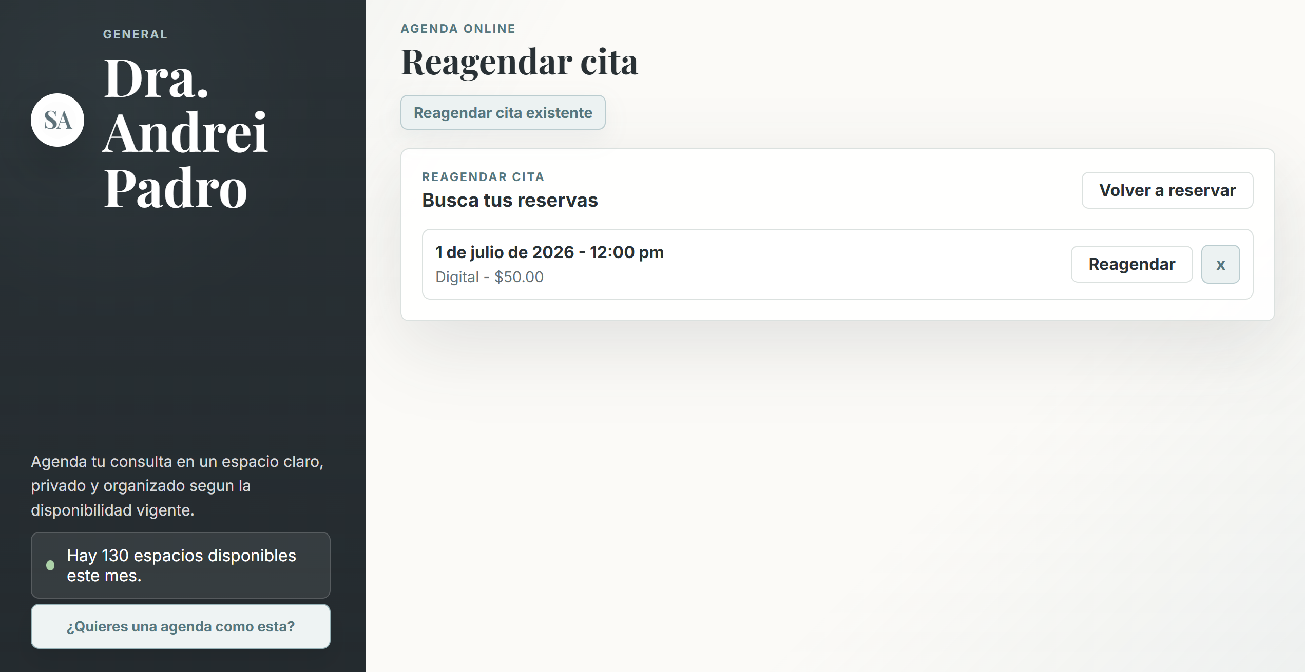 Vista de reagendamiento de citas para pacientes en Set-Agenda